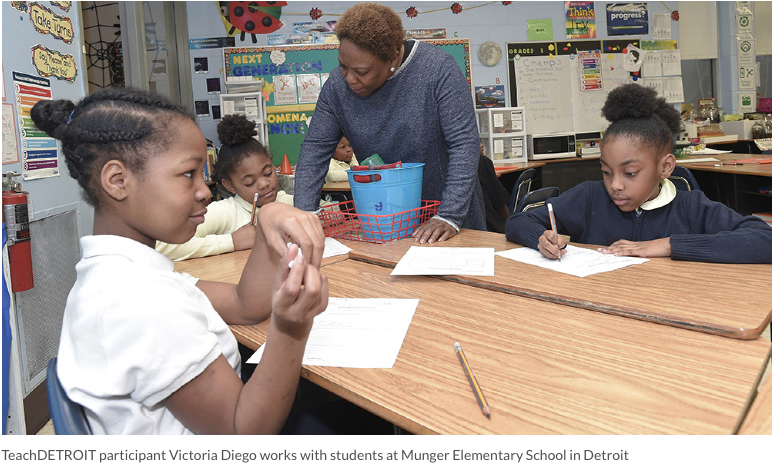 TeachDetroit participant Victoria Diego works with students at Munger Elementary School in Detroit